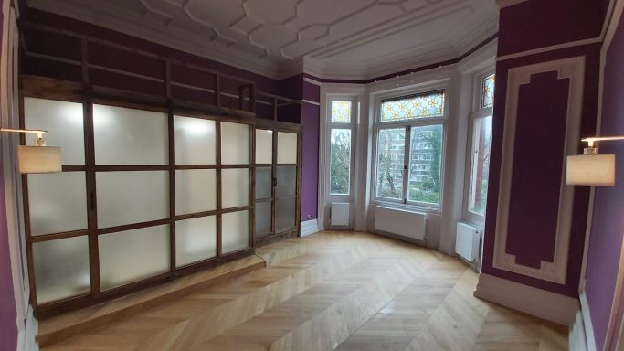 Bespoke ensuite  and wardrobe to match.  Made from prepared timber and opaque toughened glass.  Oak herringbone flooring